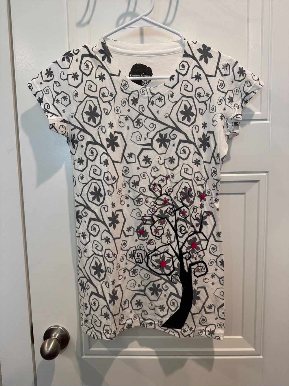 Element White Short Sleeve Tee with Black Tree and Pink Accents